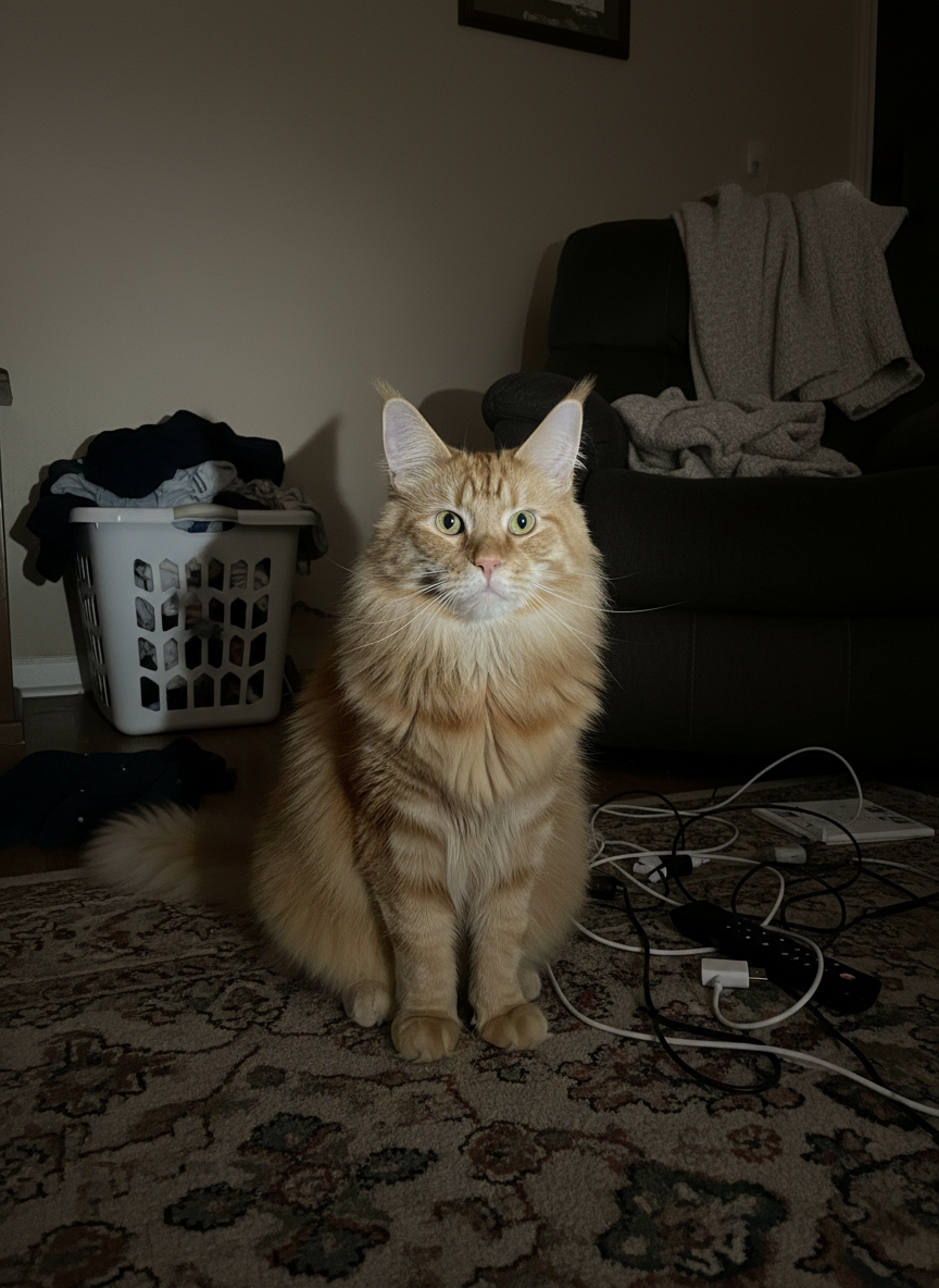The source image: an orange tabby maine coon cat, indoors at night
