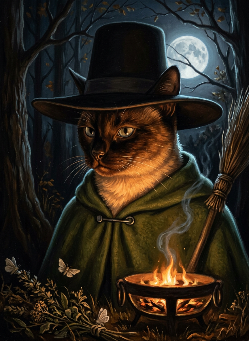a seal point siamese cat, loafed on a worn wooden windowsill beside a potted plant and a patterned curtain, rendered by the studio in The Witching Halloween style, from the source image in this frame