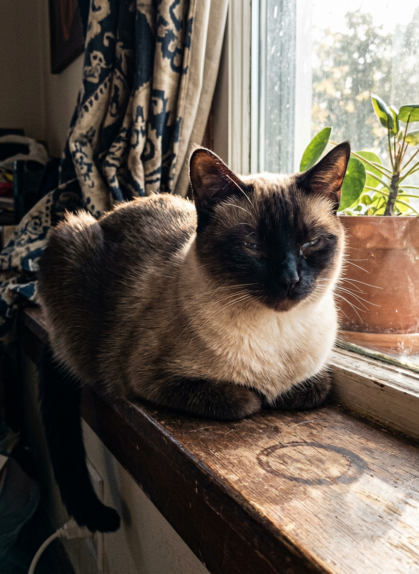 The source image: a seal point siamese cat, loafed on a worn wooden windowsill beside a potted plant and a patterned curtain