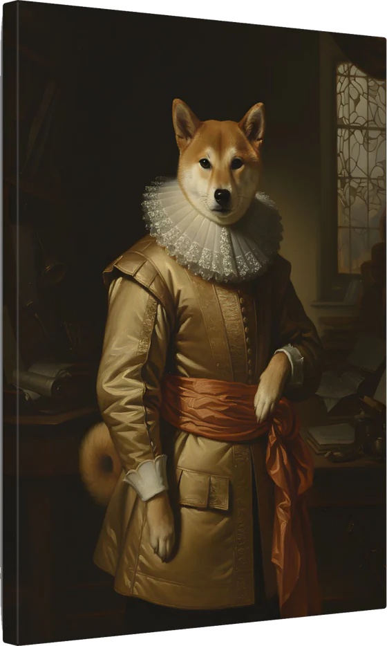 A Shiba Inu as an AI-rendered, painted-style portrait in the Dutch Golden Age tradition, printed on canvas, 12 by 16 inches