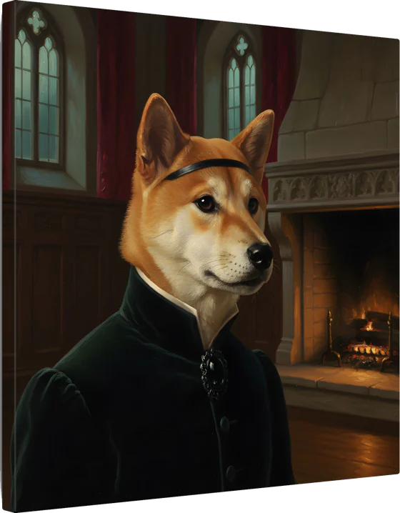 A Shiba Inu as an AI-rendered, painted-style portrait in the Gothic Revival tradition, printed on canvas