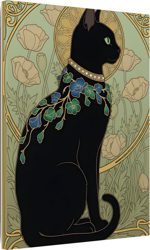 A black cat as an AI-rendered, illustration-style portrait in the Art Nouveau tradition, printed on canvas