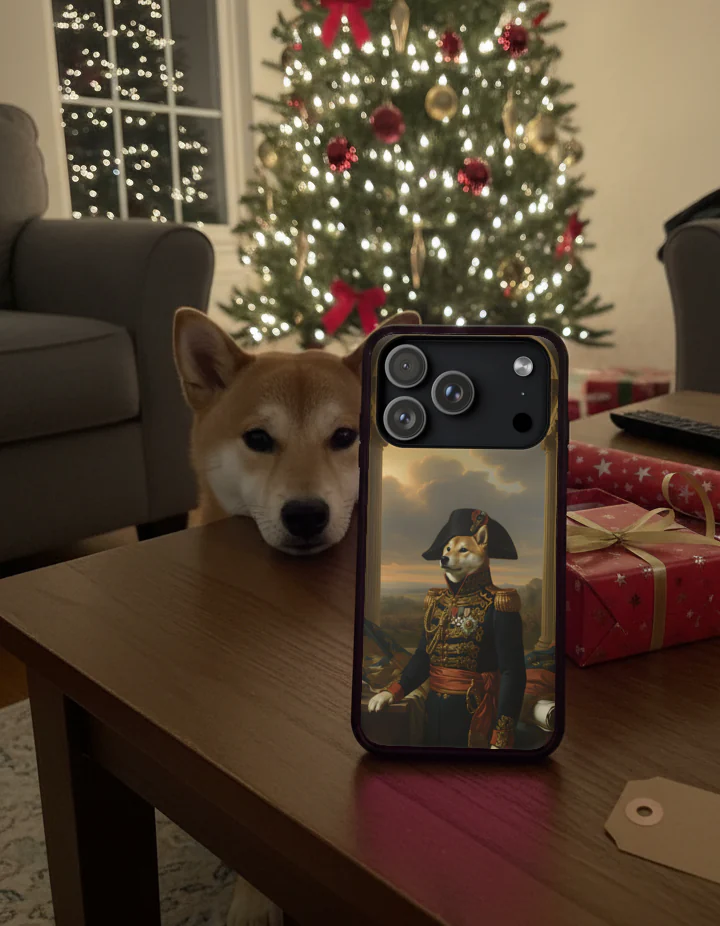 Styled scene: a phone case printed with an AI-rendered, painted-style portrait of a Shiba Inu as a Napoleonic marshal, on a coffee table, the same dog resting its chin beside it