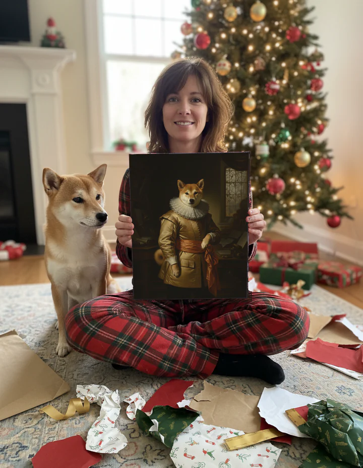 Styled scene: by a Christmas tree, a woman holds a canvas print of an AI-rendered, painted-style portrait of a Shiba Inu in a ruffled collar, the same dog beside her