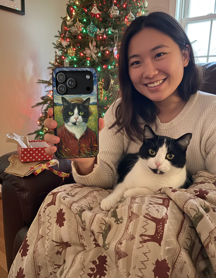 Styled scene: a woman in an armchair holds up a phone case printed with an AI-rendered, painted-style portrait of a black-and-white cat under a swirling sky, the same cat on her lap