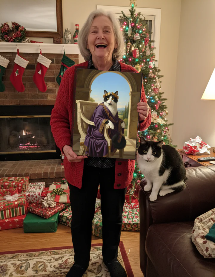 Styled scene: by a fireplace, a laughing woman holds a canvas print of an AI-rendered, painted-style portrait of a black-and-white cat as a Roman emperor, the same cat beside her