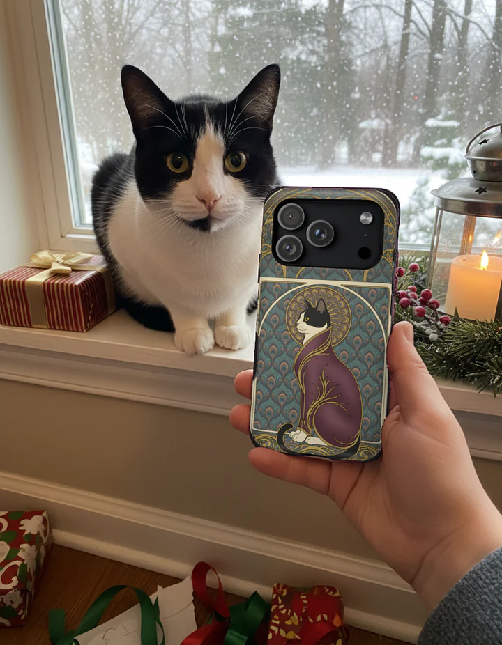 Styled scene: a hand holds a phone case printed with an AI-rendered, Art Nouveau-style portrait of a black-and-white cat, the same cat on a snowy windowsill