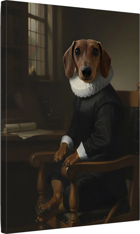 A dachshund as an AI-rendered, painted-style portrait in the Dutch Golden Age tradition, printed on canvas