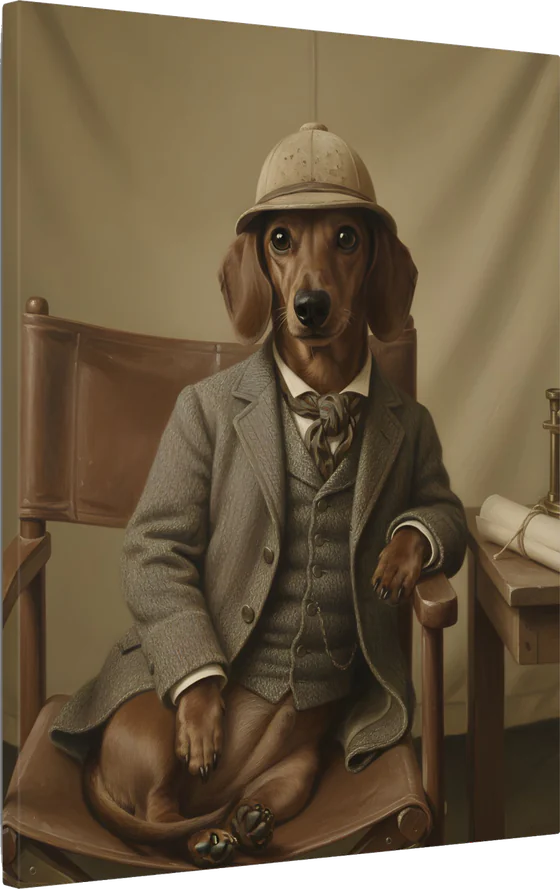 A dachshund as an AI-rendered, painted-style portrait in the Victorian Expedition tradition, printed on canvas, 16 by 20 inches