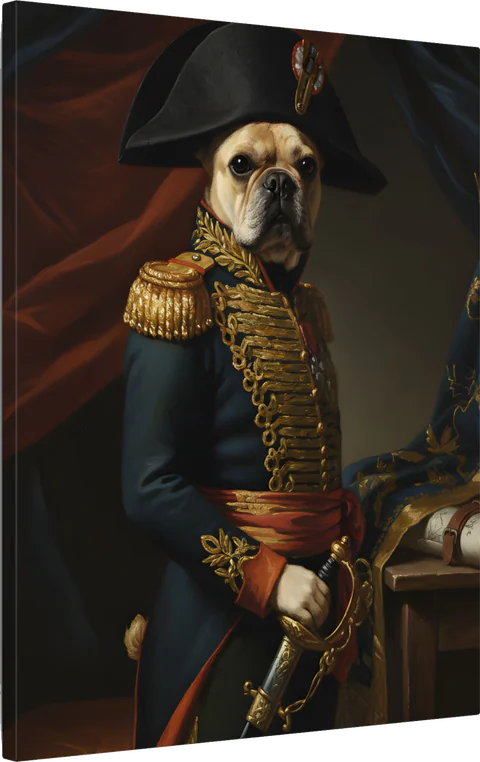 A French bulldog as an AI-rendered, painted-style portrait in the Napoleonic Campaign tradition, printed on canvas