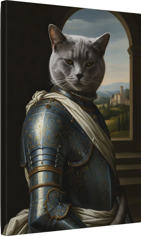 A grey cat as an AI-rendered, painted-style portrait in the Florentine Ducal tradition, printed on canvas