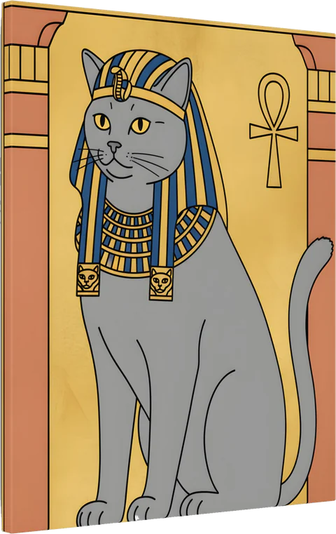 A grey cat as an AI-rendered, illustration-style portrait in the Pharaonic Dynastic tradition, printed on canvas