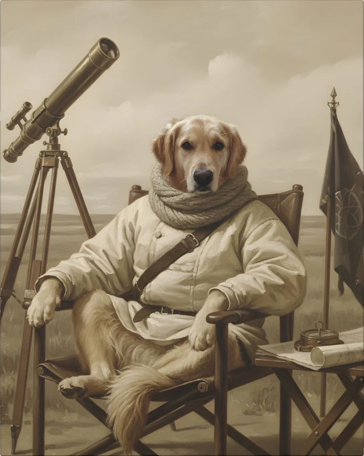The same dog as a Victorian explorer beside a telescope, printed on a stretched canvas.