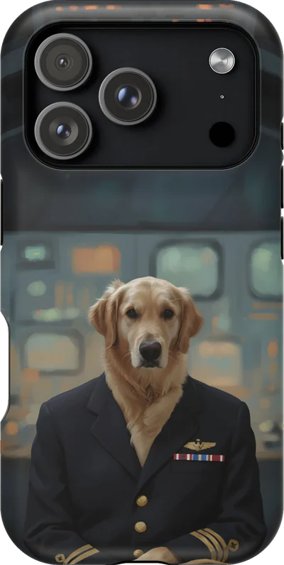 The same dog as a 1960s space-program pilot on a phone case.