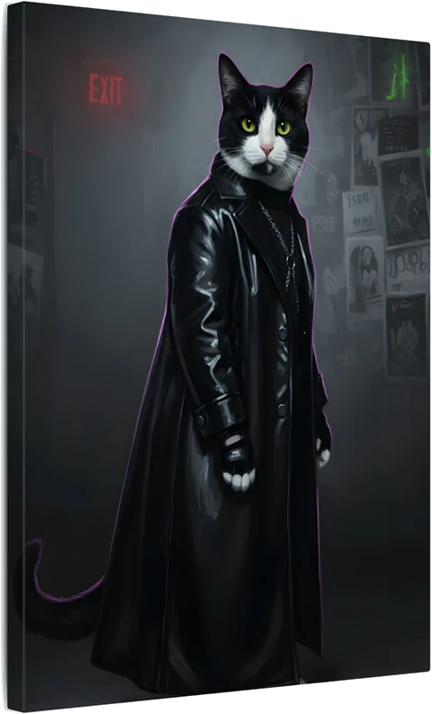 A black-and-white cat as an AI-rendered, painted-style portrait in the Nineties Underground tradition, printed on canvas