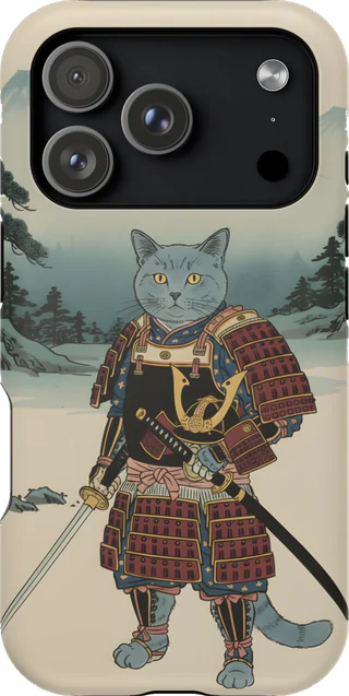 A grey cat in samurai armour, in the Edo woodblock style, on a magnetic case for an iPhone 17 Pro.