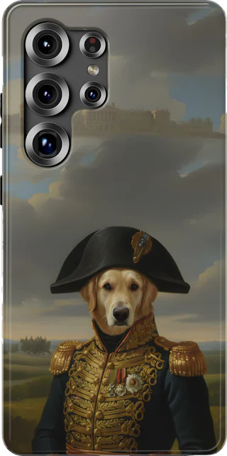 A golden retriever as a Napoleonic marshal on an impact-resistant case for a Samsung Galaxy S25 Ultra.