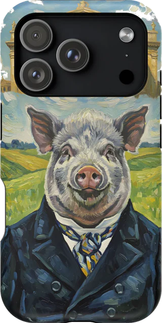 A pig in a dark coat, in the Post-Impressionist style, on a magnetic case for an iPhone 17 Pro.