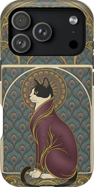 A tuxedo cat framed in Art Nouveau ornament on a magnetic case for an iPhone 17 Pro.