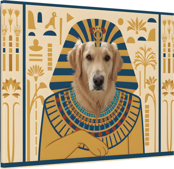 A golden retriever as an AI-rendered, illustration-style portrait in the Pharaonic Dynastic tradition, printed on canvas, 24 by 18 inches