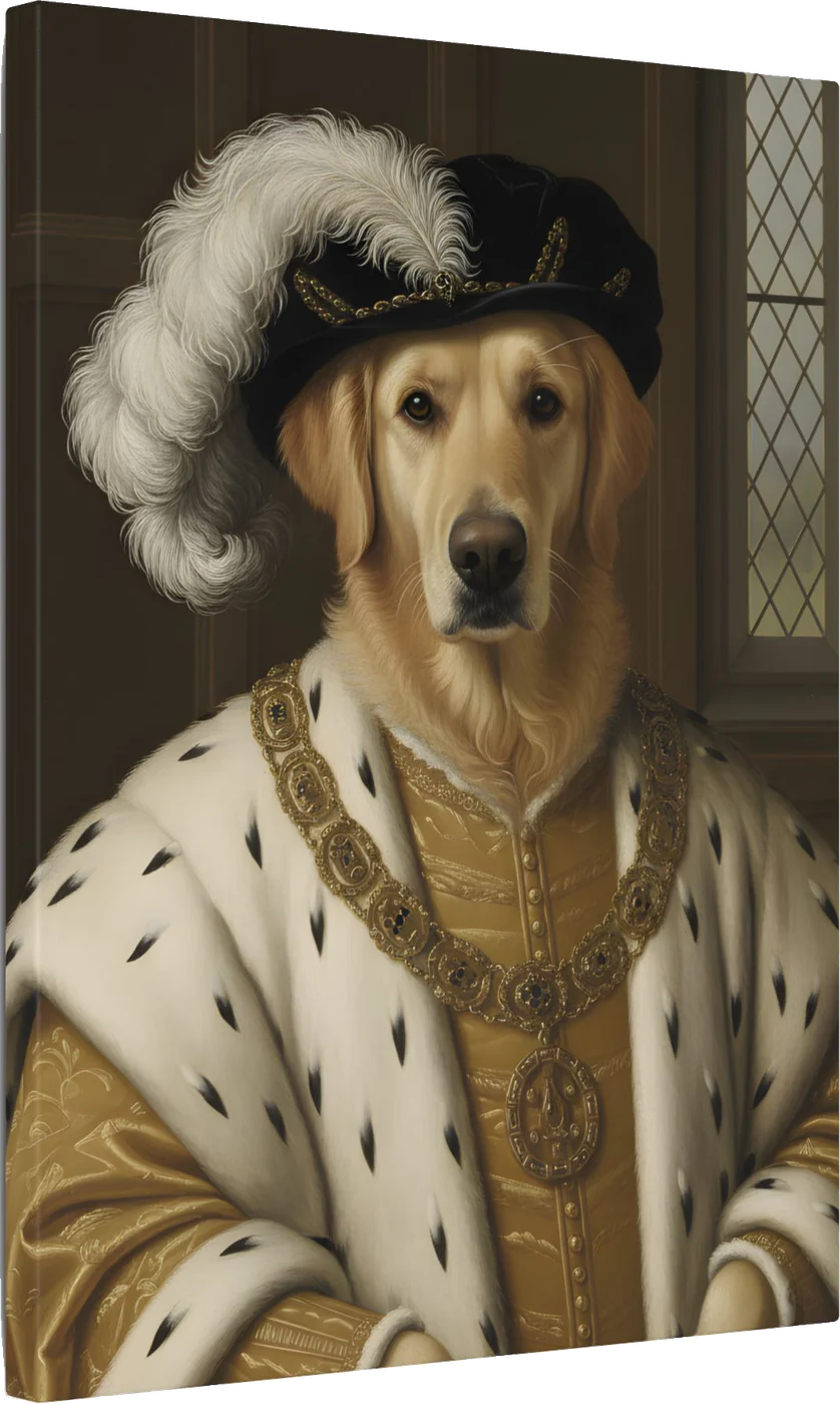 A golden retriever as a Tudor king in a plumed black cap, gold chain and ermine-trimmed robe, rendered as an oil-painted-style portrait and printed on canvas.