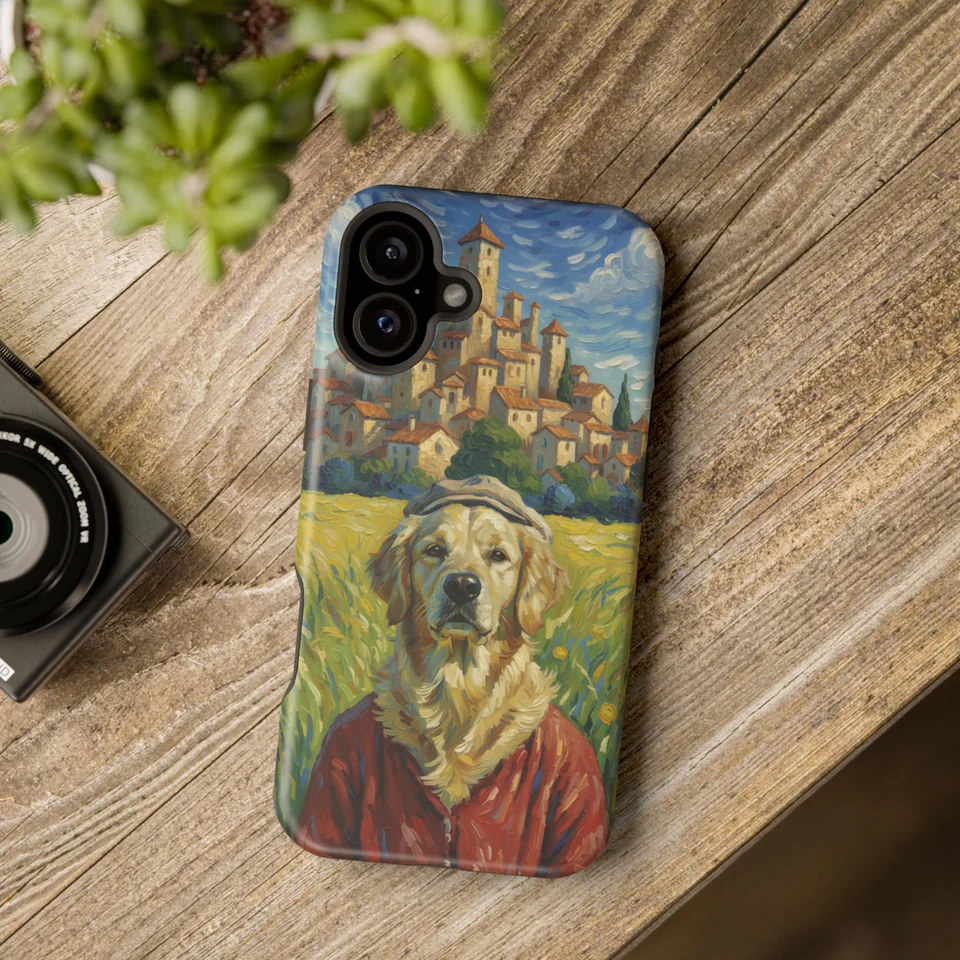 A dog's portrait on a phone case, lying on a table