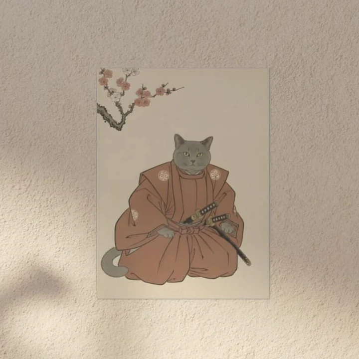 A cat's portrait on a stretched canvas, hung on a wall