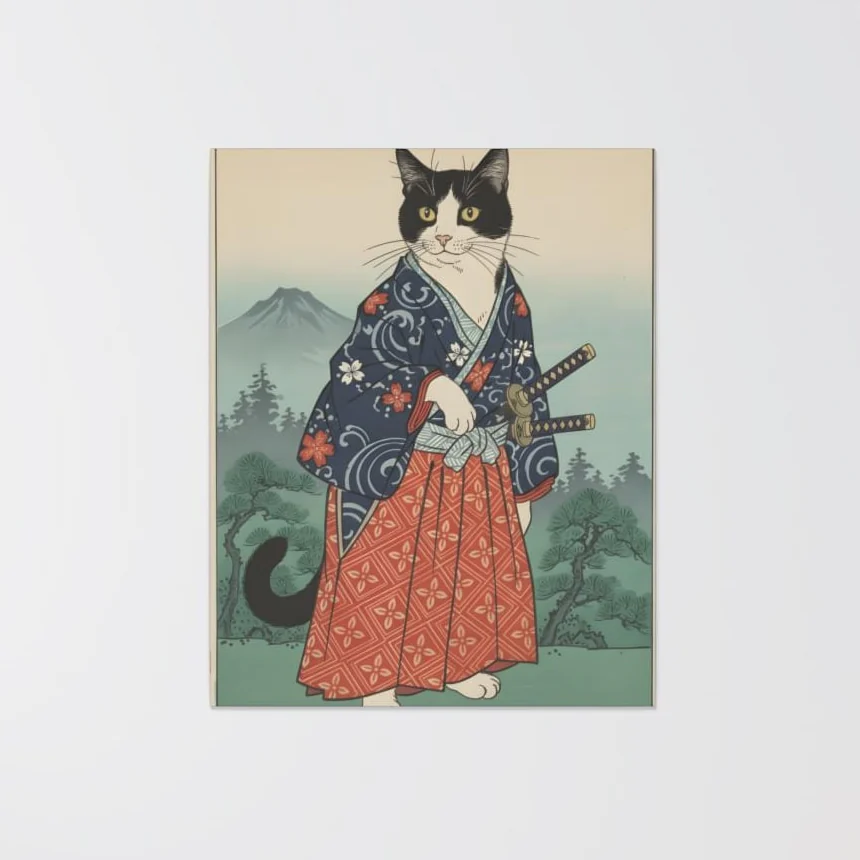 A cat's portrait on a stretched canvas, hung on a wall