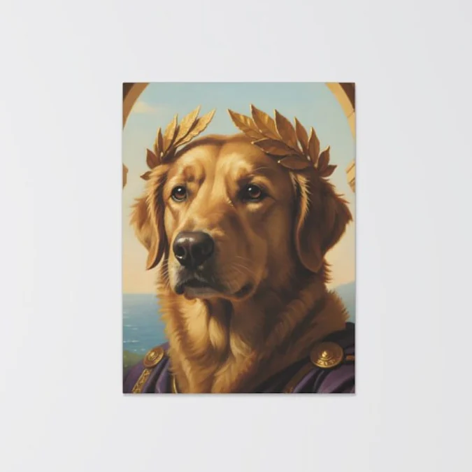 A dog's portrait on a stretched canvas, hung on a wall