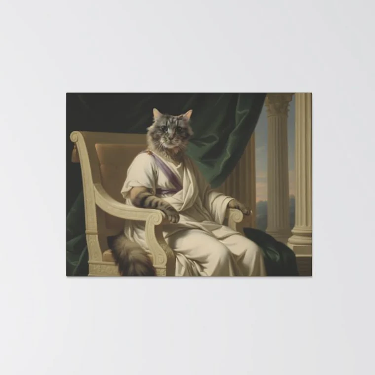 A cat's portrait on a stretched canvas, hung on a wall