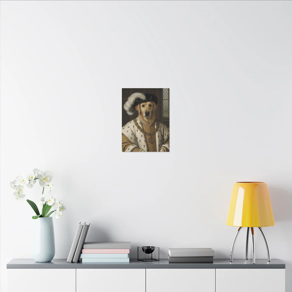 A dog as a Tudor noble, printed on a canvas and hung above a white shelf.