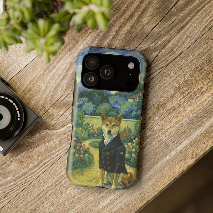 A phone case with a dog in a dark coat, in the Post-Impressionist style, on a wooden table.
