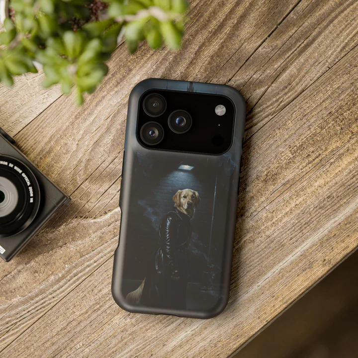 A phone case with a dog in a long leather coat, in a dark 1990s-style portrait, on a wooden table.