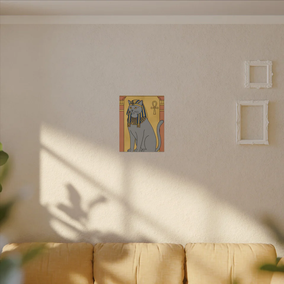 A cat as an Egyptian pharaoh, printed on a canvas and hung in a sunlit room.