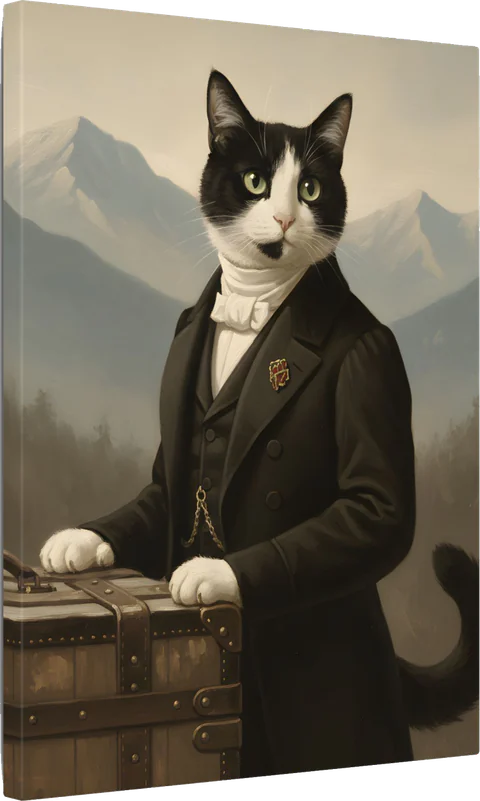 A black-and-white cat as an AI-rendered, painted-style portrait in the Victorian Expedition tradition, printed on canvas