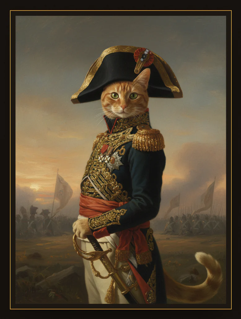 The example cat's free proof: a painted-style portrait in the Napoleonic Campaign tradition.