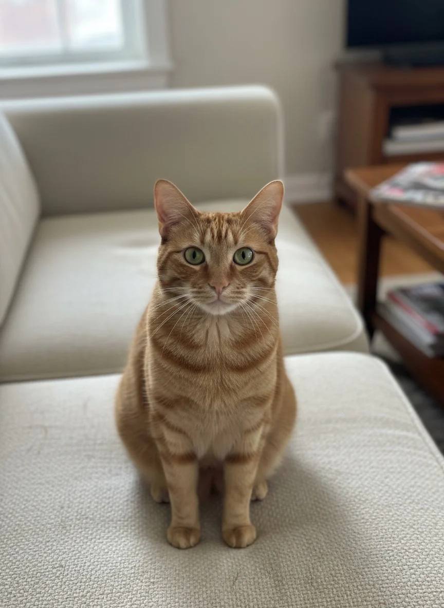 Example source image: an AI-generated orange tabby cat sitting on a sofa. It is not a customer's pet.