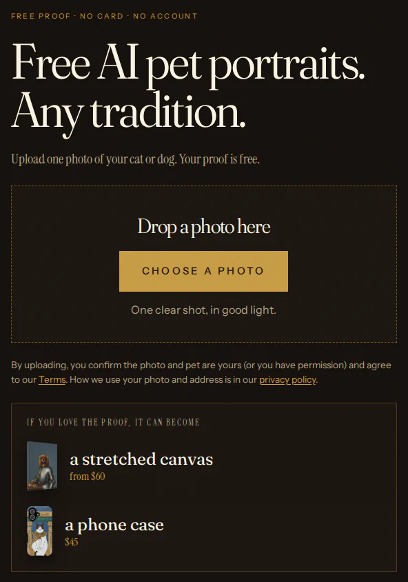 The free generator's first screen: a drop zone with a Choose a photo button, and the canvas and phone case a proof can become.