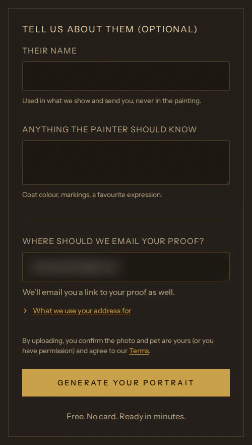 The optional name and notes fields, the email field (blurred here) and the Generate your portrait button.