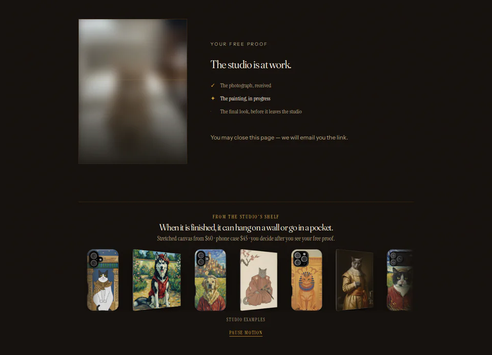 The waiting screen, The studio is at work, with its three stages beside a softly blurred copy of the example source image.