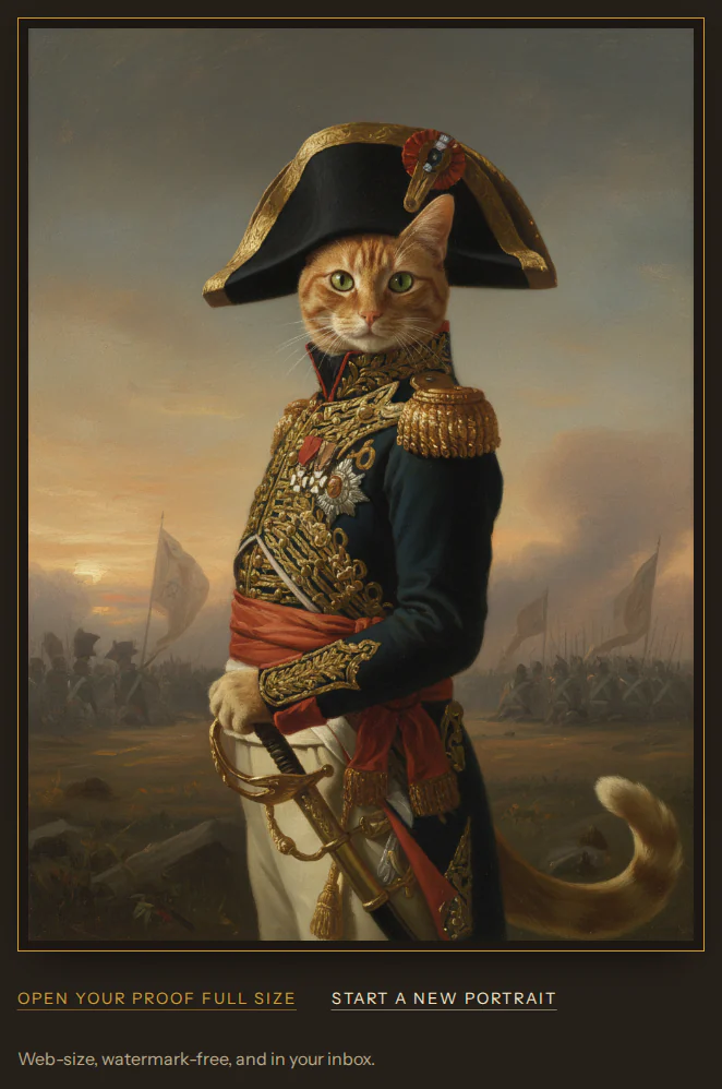 The reveal, Your proof is ready: the example cat as a painted-style portrait in the Napoleonic Campaign tradition.