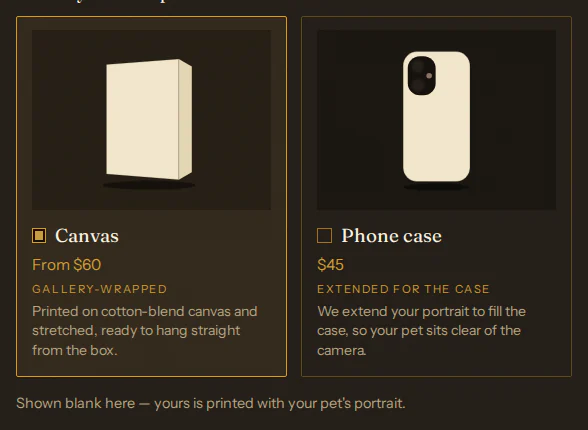 Would you like it printed? The canvas card, from $60, and the phone case card, $45.