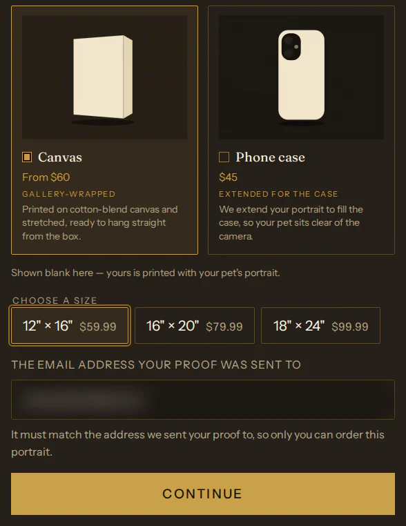 Canvas chosen at 12 by 16 inches, $59.99, with the email confirmation (blurred here) and Continue.