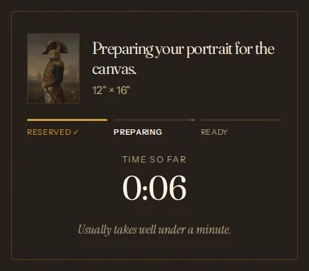 Preparing your portrait for the canvas, 12 by 16 inches: a three-part progress bar and a timer.