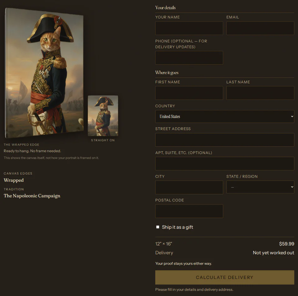 Where it goes: the canvas mockup and order summary beside the empty details and address form, with Calculate delivery.
